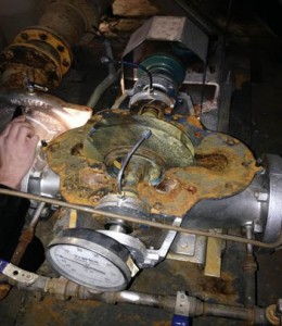 Without HVAC preventive maintenance service, this condenser water pump failed, negatively impacting the chiller, cooling tower and heat pumps.